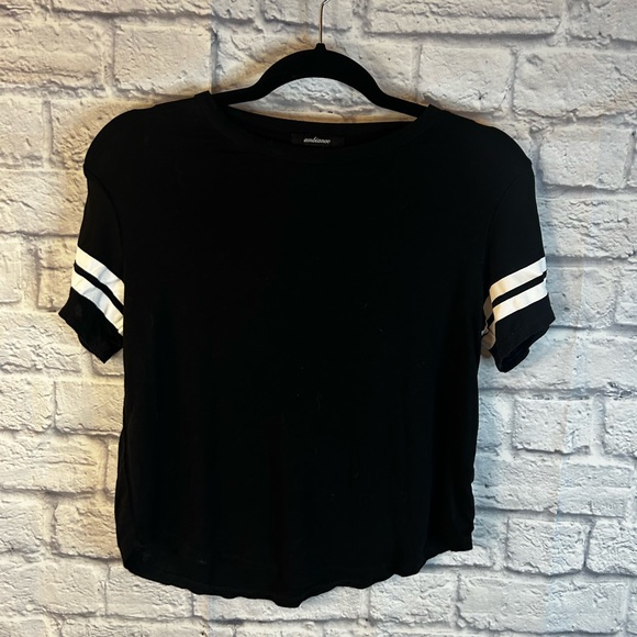 Tops - Black and White Stripe Sleeve Crop Top Tee